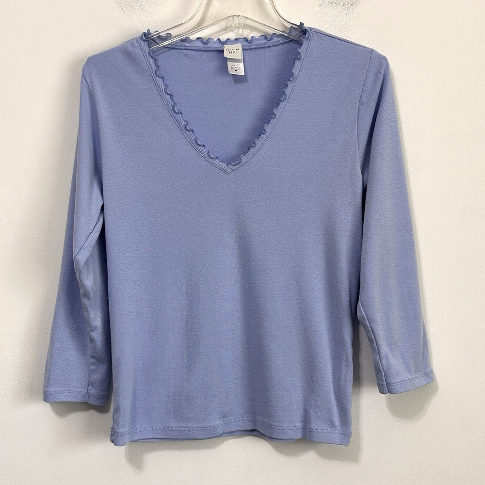 Garnet Hill Knit Top M Periwinkle‎ Ruffle V Neck 3/4 Sleeve Shirt Classic Casual